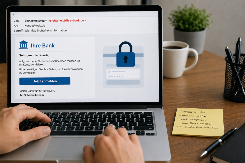 Phishing E-Mail auf Laptop – Beispiel für Online-Betrug