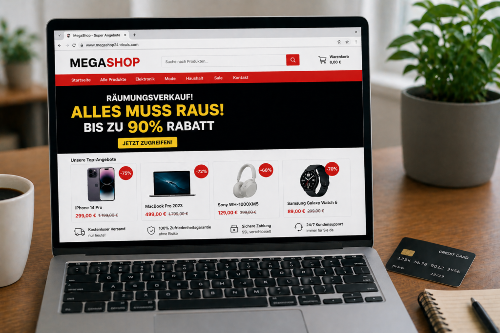 Fake-Shop Webseite auf Laptop mit auffälligen Rabattangeboten