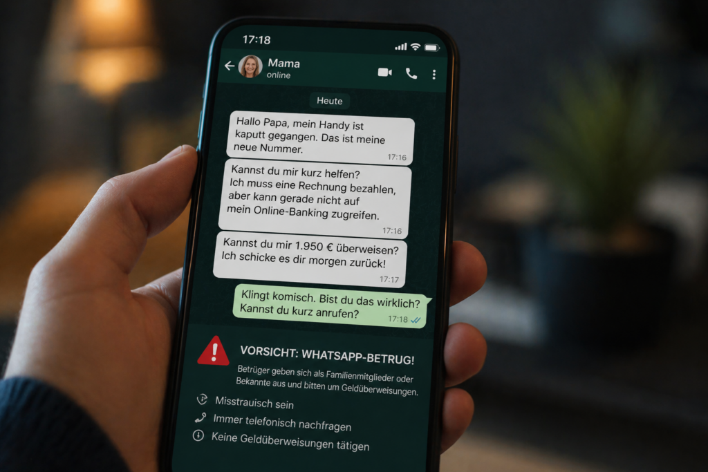 WhatsApp-Nachricht mit Betrugsversuch durch angebliches Familienmitglied