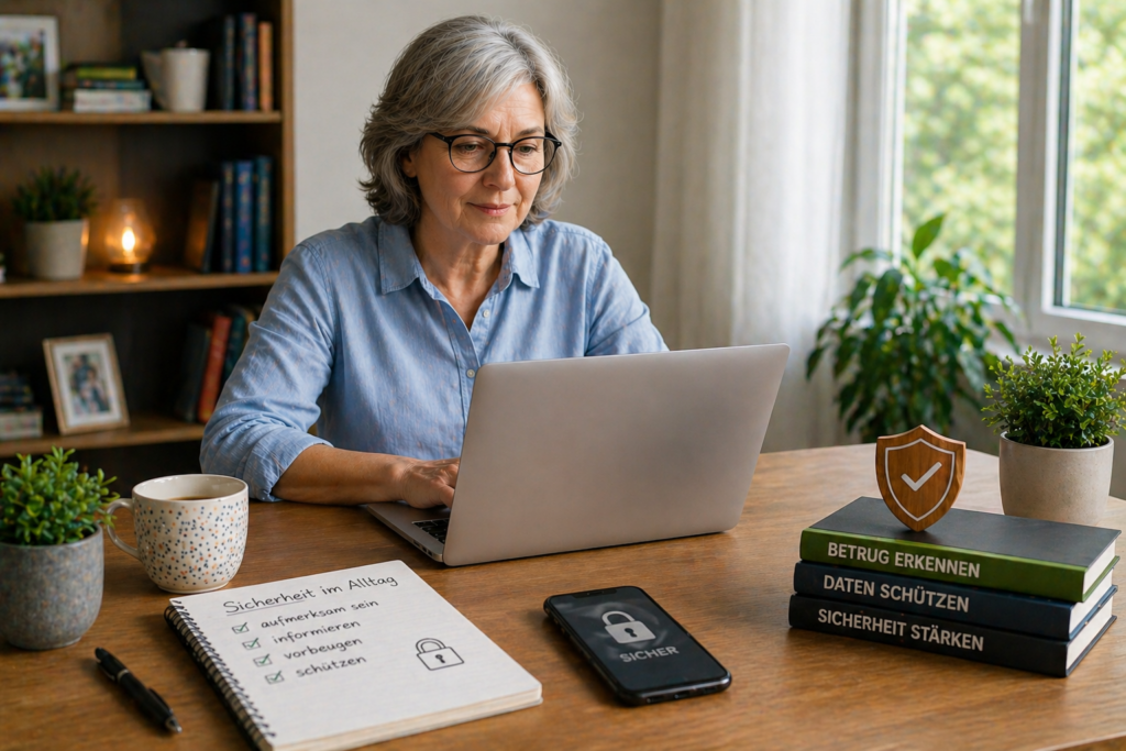 Frau arbeitet am Laptop im Homeoffice und informiert sich über Sicherheit im Alltag und Schutz vor Betrug